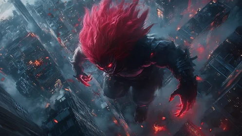 Demonic titan descends over ember-lit cyberpunk megacity.