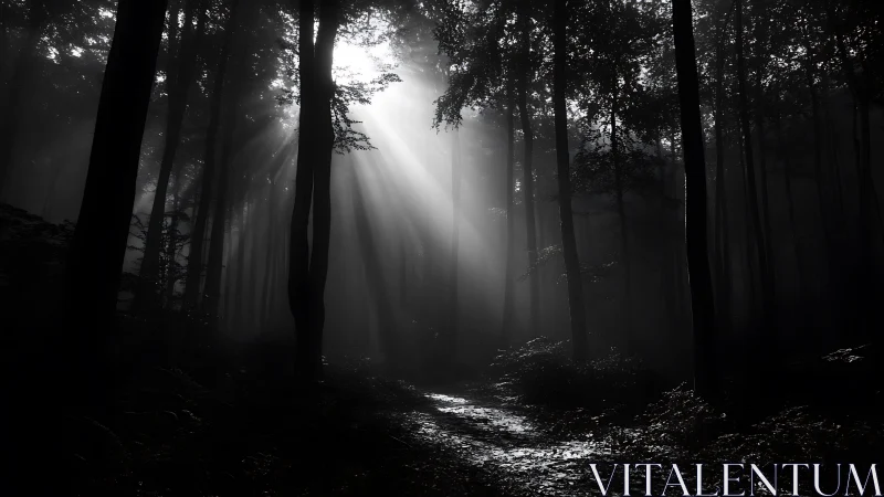 Sunlit Forest Path Through Towering Trees.