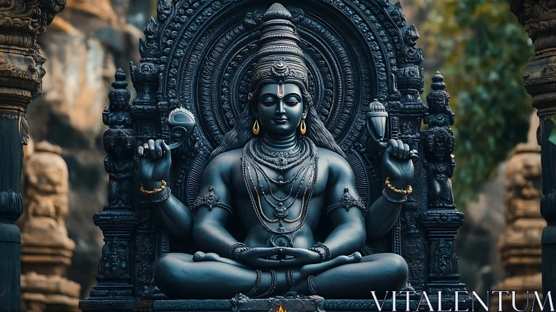 Shiva stone deity sits in ornate temple sanctum, dusk light