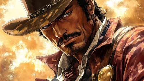 Sunlit gunslinger portrait with fiery golden swagger.