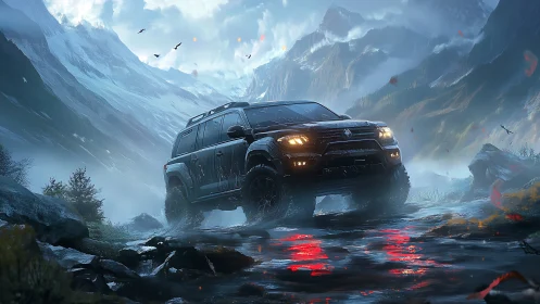 Off-road expedition SUV in glacial valley lightscape scene.