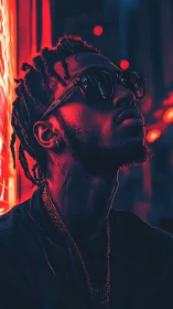 Neon lit portrait of man in sunglasses and chains at night.