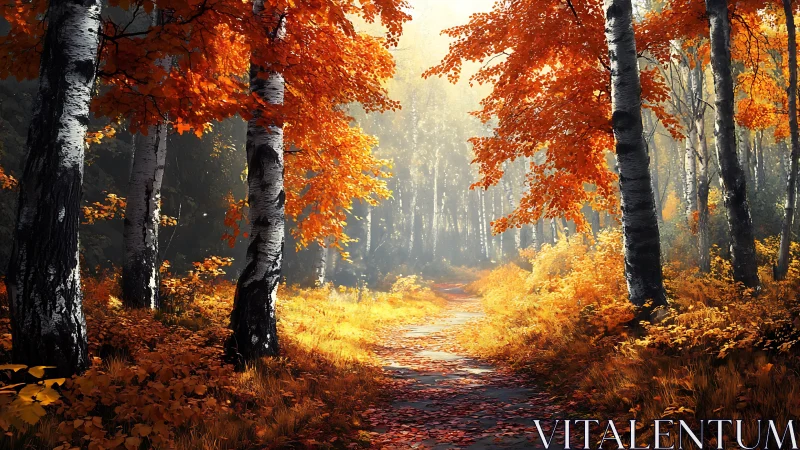 Autumn Forest Path with Birch Trees and Golden Foliage.