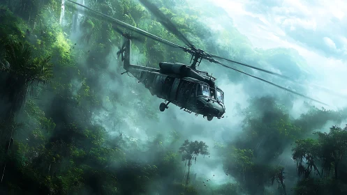 Helicopter skimming misty jungle canopy in bold green hush.