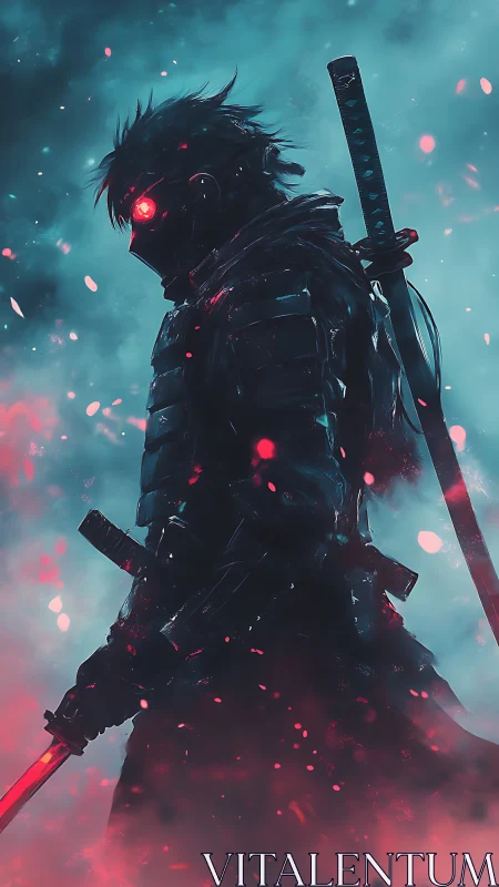 Neon-eyed cyber samurai stalks through ember-laced mist.