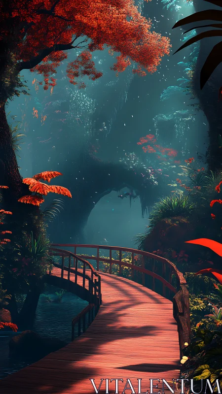 Curved scarlet bridge winding through ethereal forest glow.