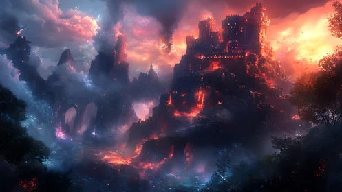Stormlit citadel over rivers of fire and enchanted mist.