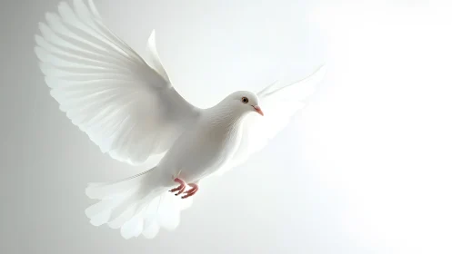 Elegant white dove in flight against soft light background.