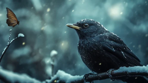 Blackbird and Butterfly on Snowy Branch, Dreamy Winter Scene.