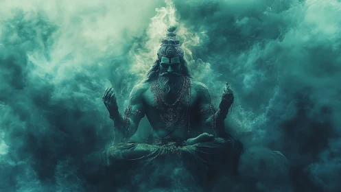 Meditating humanoid figure in dense teal atmospheric cloud.