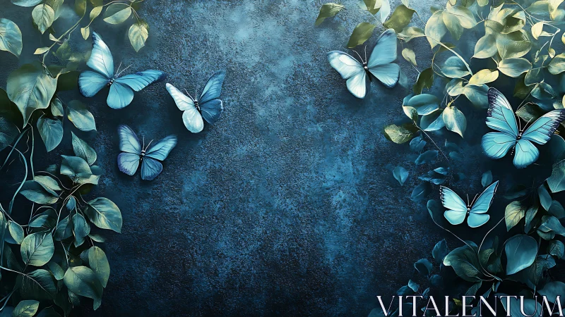 Blue butterflies and green leaves on textured background, digital art.