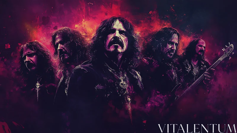 Rock musicians in composite portrait with red abstract background.