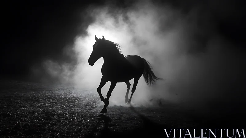 Backlit equine silhouette traversing volumetric ground fog.
