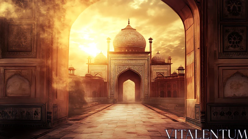 Sunlit domes glow softly through a golden palace archway