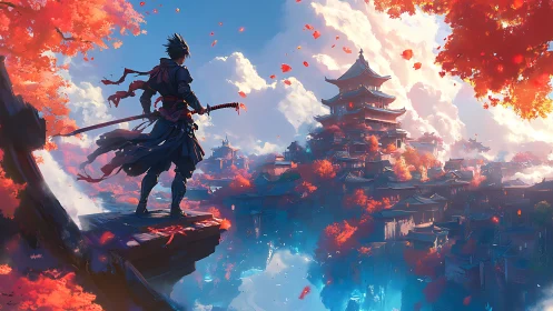 Sword-wind wanderer studies a floating ember-lit citadel