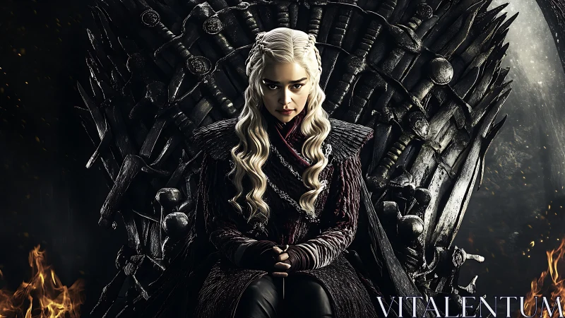 Regal fantasy queen seated on iconic forged iron throne