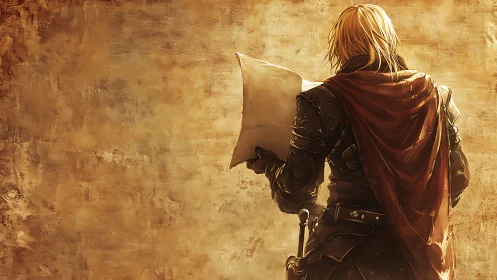 Cloaked knight studies a weathered map in molten dusk light.