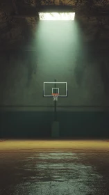 Solitary hoop under a ruined skylight in dustlit stillness.