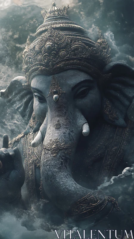 Elephant-headed deity statue rendered in dense atmospheric mist