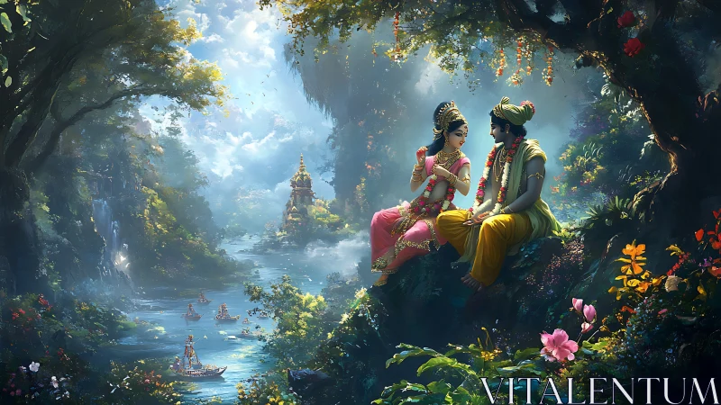 Divine couple beside sacred river in lush fantasy forest.