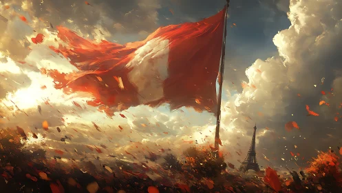 Dynamic red battle flag billows above Parisian skyline in wind