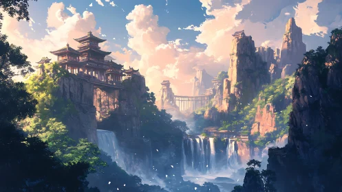 Mountain temple city overlooks cascading valley waterfalls