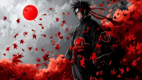 Solitary shinobi in red maple storm beneath crimson moon