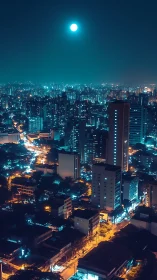Moonlit teal cityscape with luminous nocturnal skyline.
