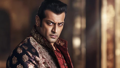 Regal man in ornate sherwani under warm studio lighting.