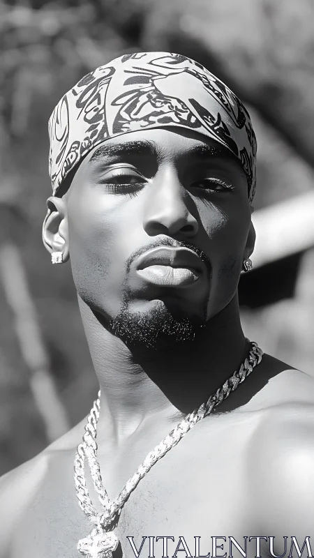 Monochrome outdoor portrait of bandanaed man with jewelry