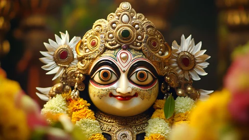 Ornate Hindu deity idol with gold crown and flowers.