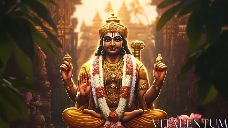 Golden Hindu deity statue glows inside sunlit temple sanctuary.