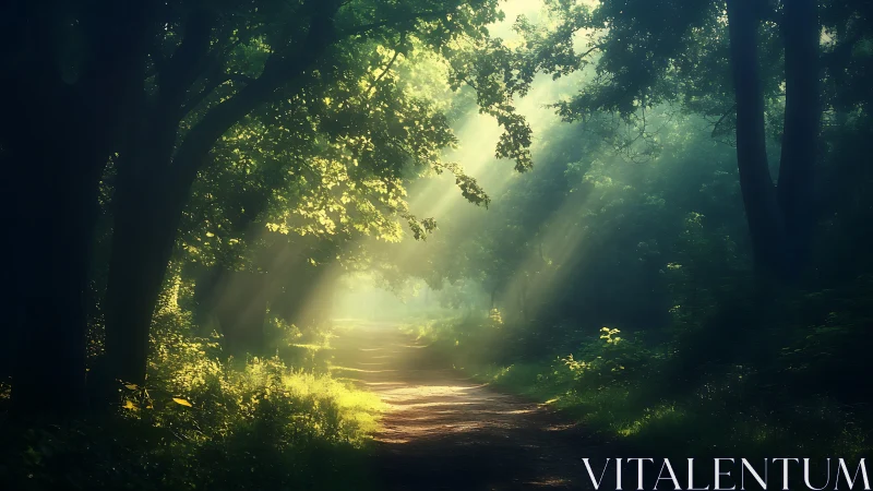 Sunlight Streaming Through Forest Path in Dreamy Morning Light.