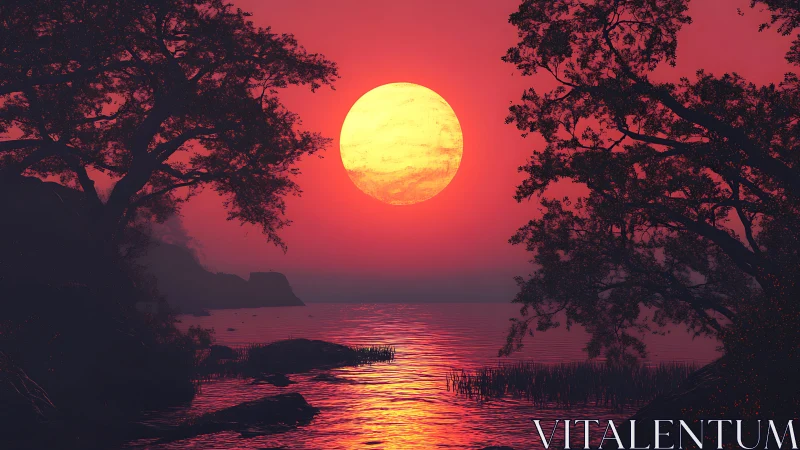 Radiant red sunset over reflective coastal water with silhouetted trees