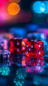 Translucent red dice with neon casino bokeh reflections.