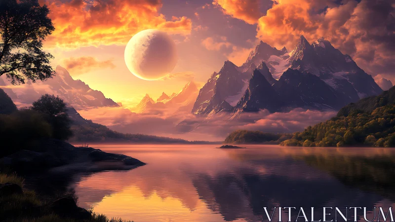 Digital landscape shows lake, jagged mountains and large moon