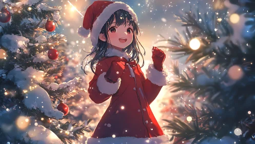 Winter bokeh illuminates anime girl in red Santa coat at dusk