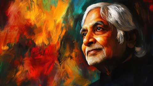 Elderly man portrait against vivid abstract painted backdrop.