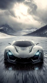 Aerodynamic hypercar on wet alpine roadway under stormfront.