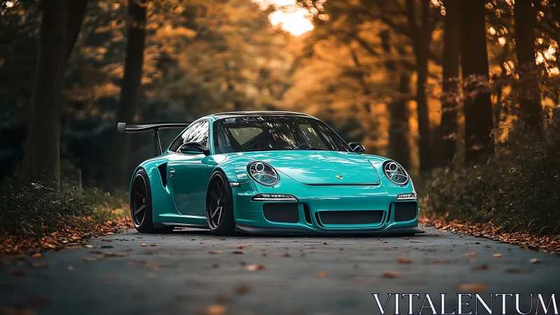 Teal sports car poised on forest road at golden hour.