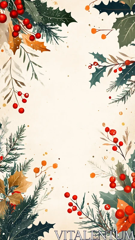 Festive winter foliage frame with bright berries and holly.