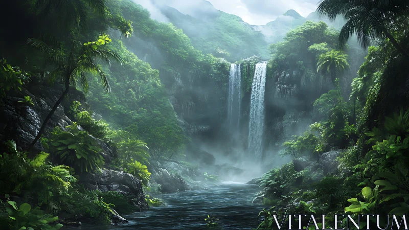 Digital painting rainforest gorge with cascading waterfall focus.