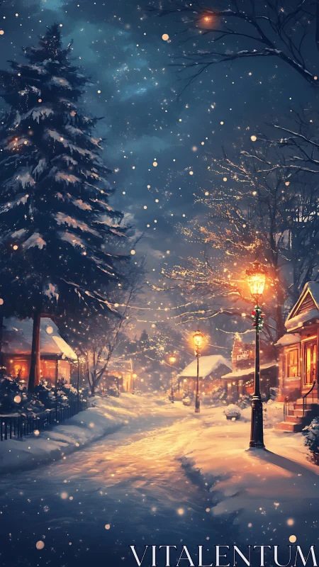 Snowy village street under warm winter lamplight at night.