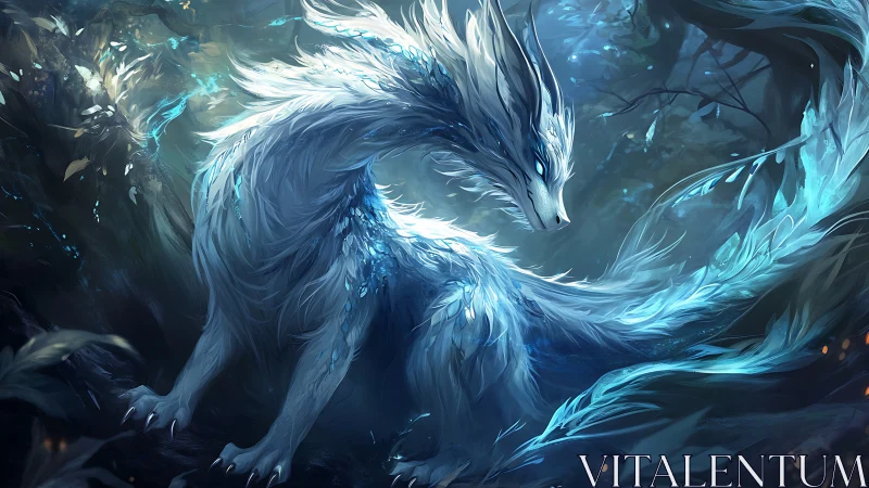 Bioluminescent fox-like creature in a dark forest setting.