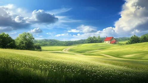 Rural cottage on rolling green meadows under cumulus sky