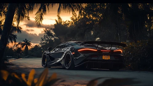 Sunset supercar escape along a palm-lined coastal road.