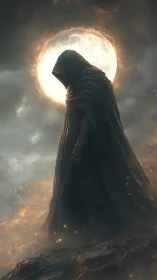 Hooded wraith silhouette against backlit lunar corona