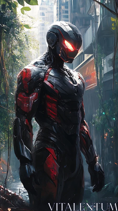 Armored cybernetic sentinel patrols overgrown urban ruins