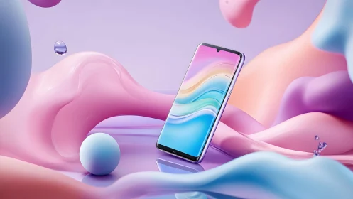 Sleek smartphone in abstract pastel environment, digital art style.