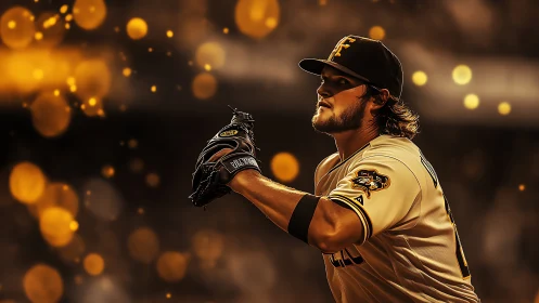 Baseball pitcher winds up under golden stadium lights.